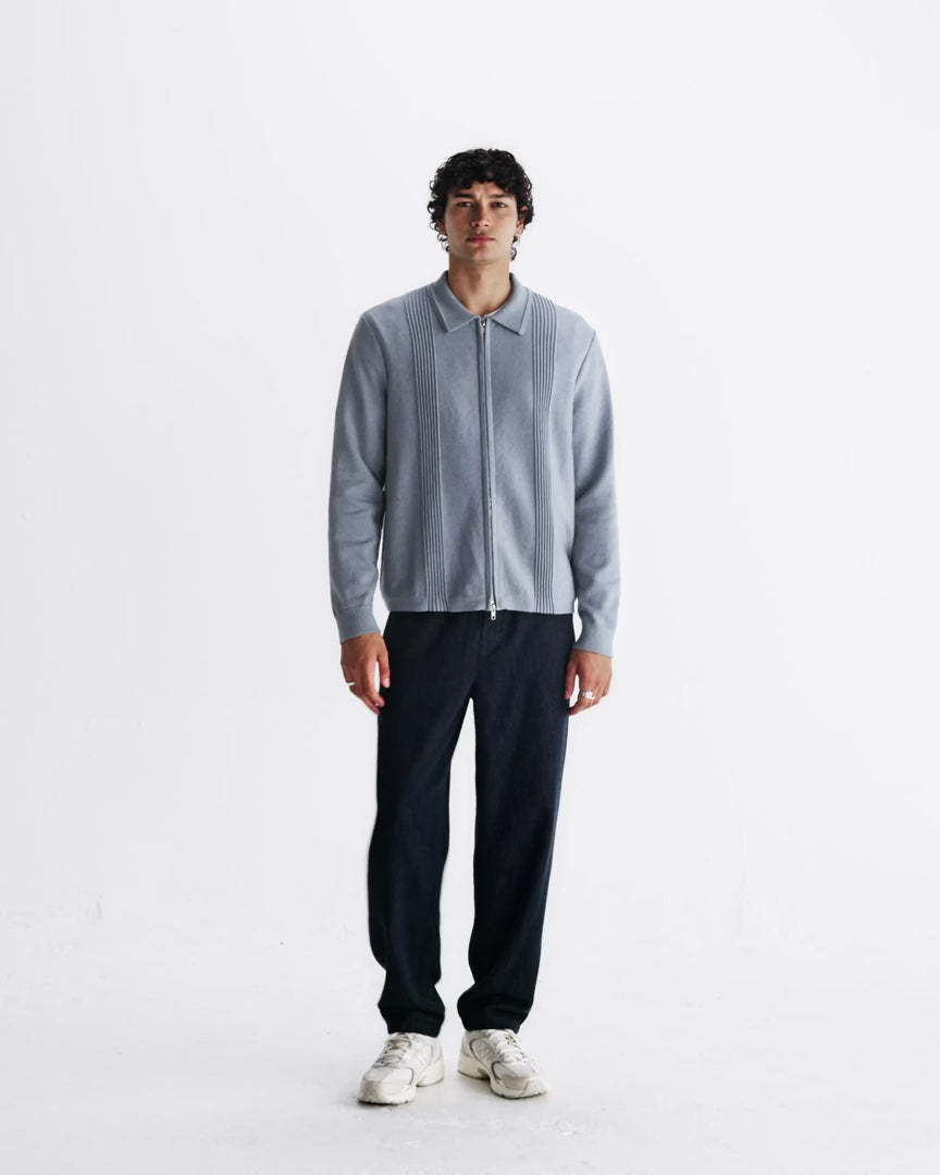 WAX London Lennox - Grey Blue Milano Stripe Knitted Polo